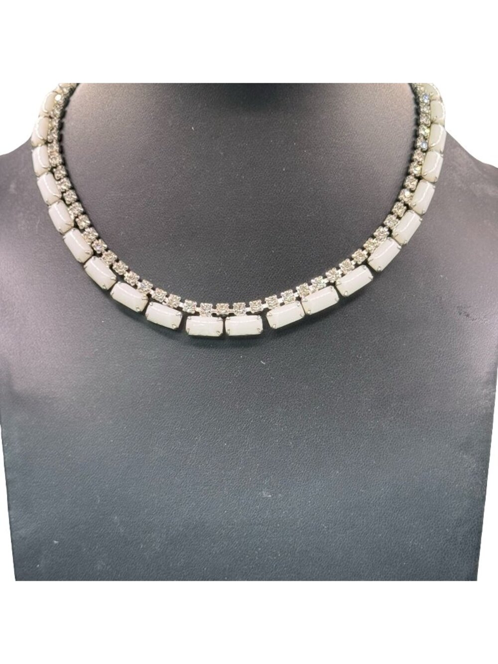 Vtg Kramer Of New York Rhinestone White Milk Glass Diamante Choker Necklace 15"